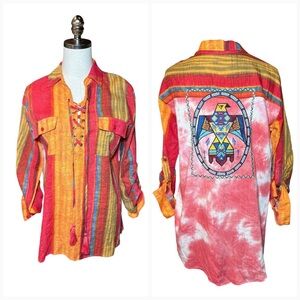 Savanna Jane Embroidered Shirt Striped Roll Tab Sleeve Aztec Boho Ladies S